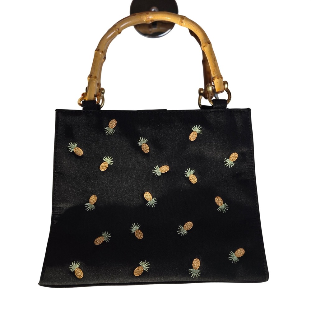 Black Satin Pineapple Embroidered Handbag with Bamboo Handles Gold Accents